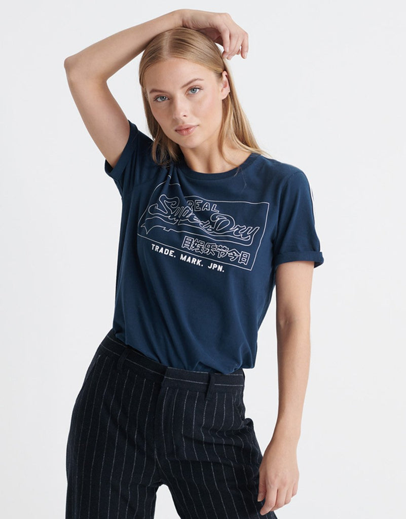 Superdry Lady Vintage Logo Outline Piping Boxy T Shirt Atlantic
